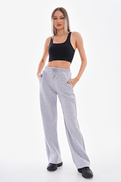 kallima Çımalı Gri Kışlık Kalın Şardonlu Içi Polarlı Yüksek Bel Bol Paça Bağcıklı Gizli Cepli Eşofman Altı