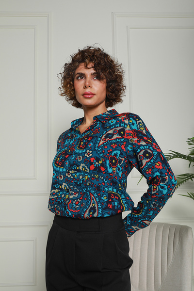 Butik Nuevoo Kadın Mavi Şal Desenli Viskon Gömlek