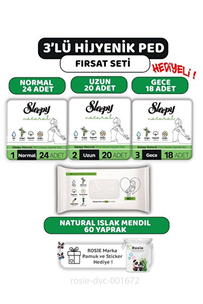 Sleepy 3'lü Natural Ultra Hassas Hijyenik Ped Seti ve ROSIE