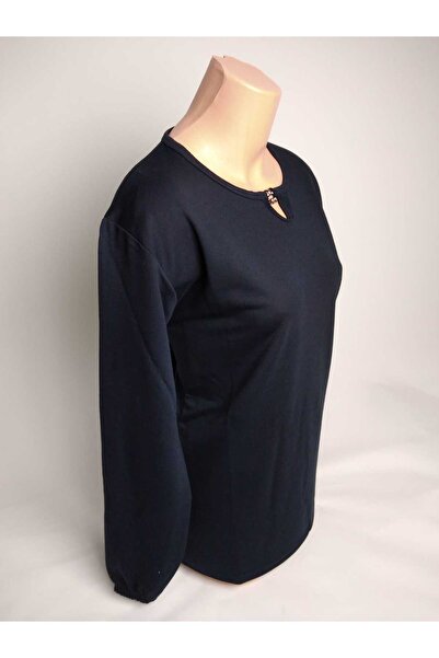 YAŞAR TRİKO Жіноча темно-синя блуза з камінням, велосипедним коміром, розрізом, довгими рукавами, манжетами на зап'ястях, двоколірною підкладкою та двома нитками.