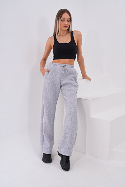 kallima Γκρι χειμωνιάτικο χοντρό ρολό με φλις εσωτερικά ψηλόμεσο φαρδύ πόδι με κορδόνια κρυφές τσέπες