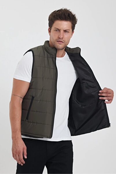 Rodi Jeans Men's Khaki Stand Collar Pocket Zippered Quilted Slim Vest