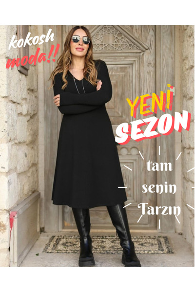 Kokosh moda Kadın Şık Salaş Uzun Kollu Midi  Siyah Elbise