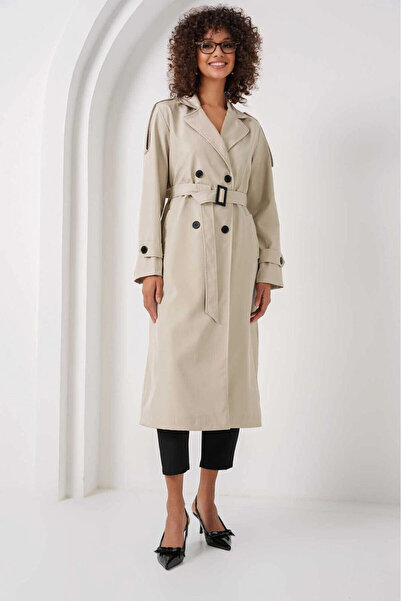 hazelin Cream Colored Women's Trench Coat - Double Breasted Collar, Belt and Lining, Seasonal Hzl25W-Bd 159411