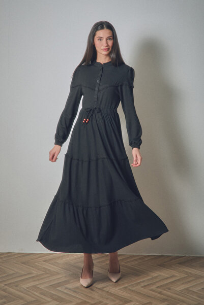 Fulla Moda Fullamodest Beli Bağlamalı Dik Yaka Elbise