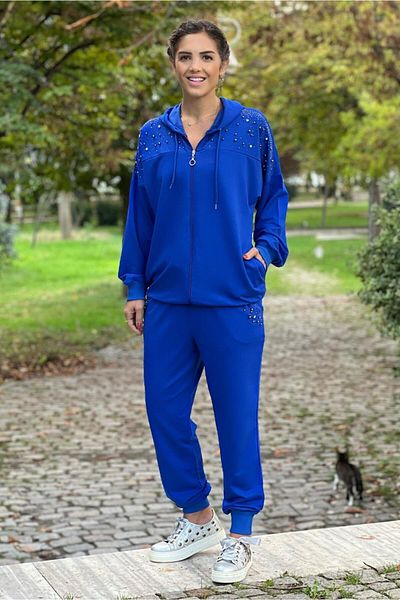 Nevin Kaya Moda Σετ αθλητικής φόρμας ώμου και τσέπης σε μπλε χρώμα με πέτρινη λεπτομέρεια