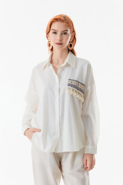 Fulla Moda Ethnic Patterned Long Sleeve Linen Shirt