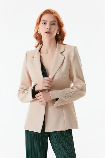 Fulla Moda Stone Detailed Double Breasted Collar Blazer Jacket