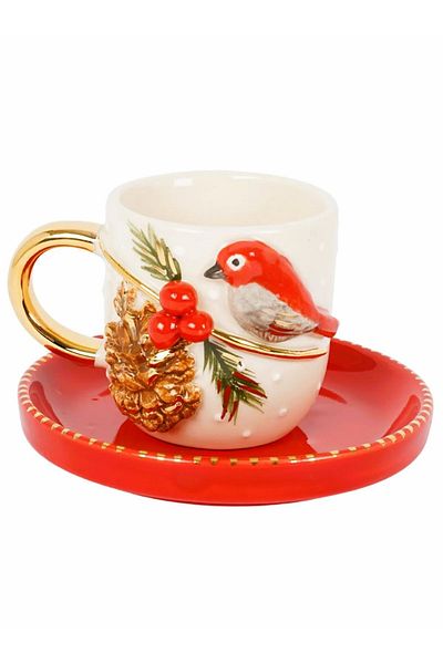 Monako Limited Edition 200 ml Red Bird Mug - Handmade with 24 Carat Gold Decoration and Bird Embossed