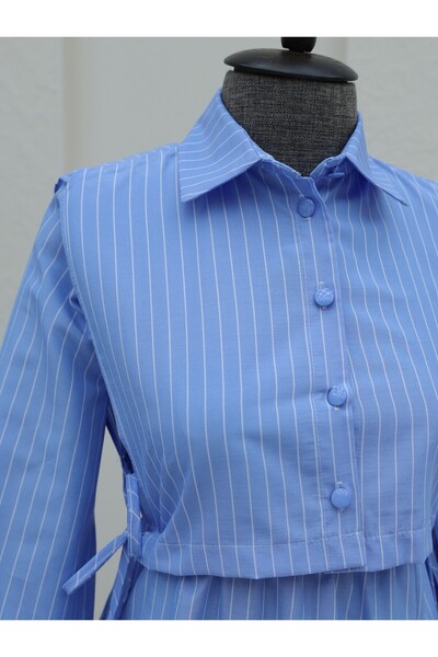 Modamorfo Shirt Collar Bolero Detailed Striped Long Dress -Light Blue