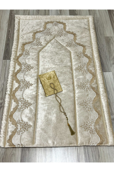 AYENNA 3 Parça Fransız Güpür İşlemeli Kadife Çeyizlik Gelin Seti Seccadesi