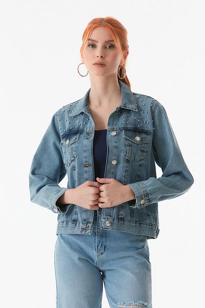 Fulla Moda Stone Detailed Buttoned Denim Jacket