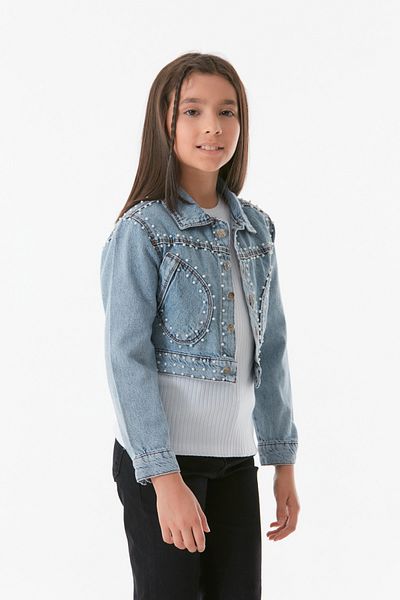 Fulla Moda Jachetă de blugi crop cu buzunare cu perle pentru fete