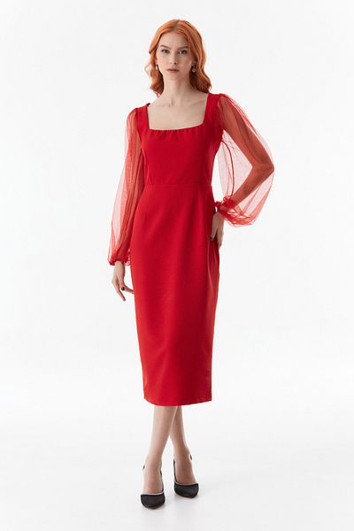 Fulla Moda Slit Dress with Tulle Sleeves Detail