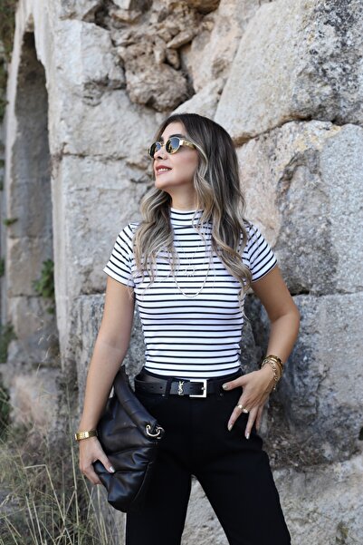 bytugcekaya أسود أبيض مخطط نصف الياقة المدورة المحاصيل الأعلى