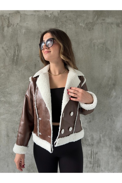 asfamoda Jachetă de pluș din piele maro cu blană pentru femei