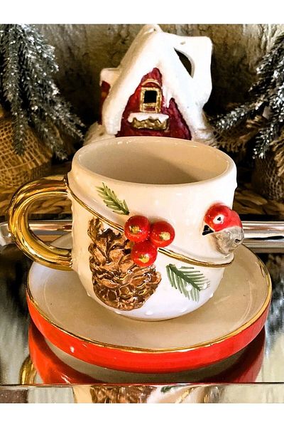Monako Limited Edition 200 ml Red Bird Mug - Handmade with 24 Carat Gold Decoration and Bird Embossed