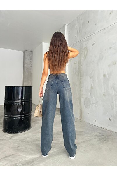 BİKELİFE Dámské pohodlné pytlovité džínové kalhoty s bledým efektem volného střihu se širokými nohavicemi