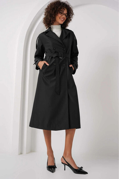 hazelin Kadın Siyah Kruvaze Yaka Astarlı Kemerli Mevsimlik Trençkot HZL25W-BD159411