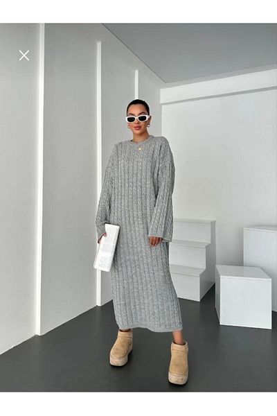 Sfg Life Moda Rochie de damă cu mânecă lungă împletită cu păr și decolteu