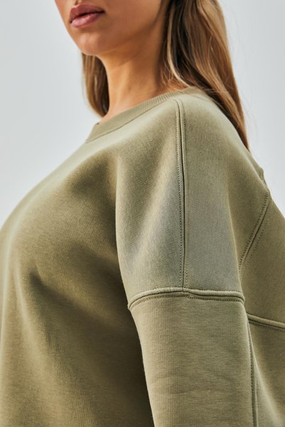mina aise Kadın Küf Yeşili 3 İplik Penye Şardonlu Oversize Sweatshirt 28050