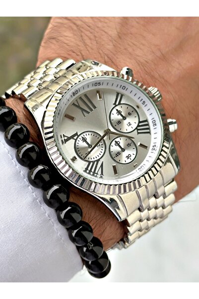 Tisaati ساعة يد رجالية بسوار معدني فاخر بأرقام رومانية وسلسلة خاصة مع هدية سوار