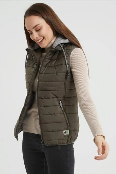 Wise Women's Hooded Combed Cotton Lined Puffer Vest - Khaki