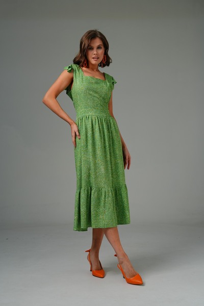 Saade Green A-line Square Collar Woven Dress