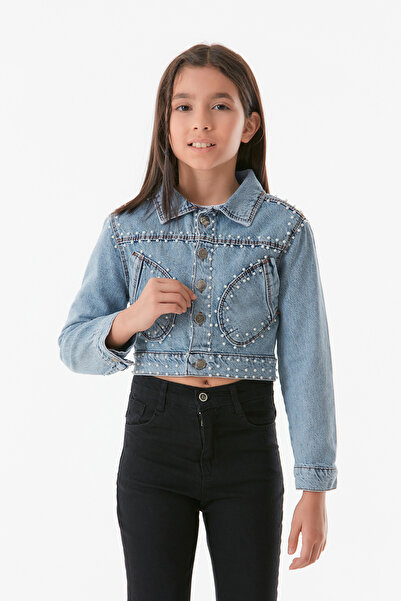 Fulla Moda Дівчача куртка з джинсової тканини з кишенями та перламутровими деталями