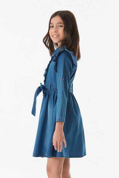 Fulla Moda Crew Neck Folded Sleeve Girl's Dress - Buttoned
