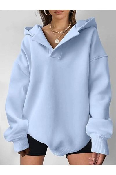 NO 601 Hanorac oversize decoltat cu glugă, albastru bebeluș, pentru femei