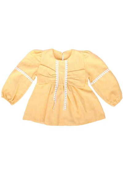 bebegen Kız Bebek Sarı Fiyonklu Dantelli Keten Elbise