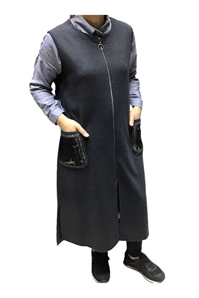 ECE GİYİM Women's Honeycomb Fabric Front Zip Pocket Leopard Patterned Slips Seasonal Long Vest