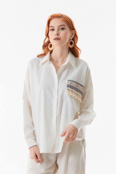 Fulla Moda Ethnic Patterned Long Sleeve Linen Shirt