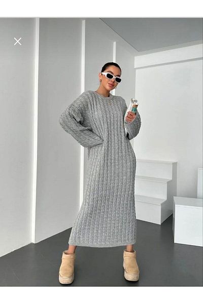 Sfg Life Moda Rochie de damă cu mânecă lungă împletită cu păr și decolteu