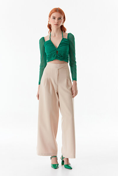 Fulla Moda Gathered Front Crop Blouse with Tie Collar