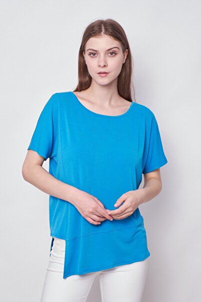 Jument Μπλε Boat Neck Lycra Crepe Μπλούζα - Off Shoulder, Asymmetrical Design