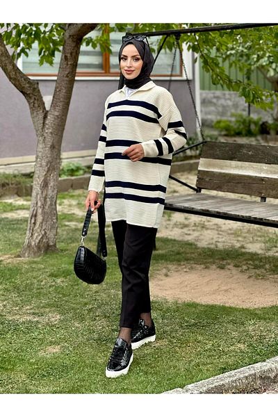 Nergis Neva Butik Γιακά Ριγέ Πλεκτό Μπλουζάκι