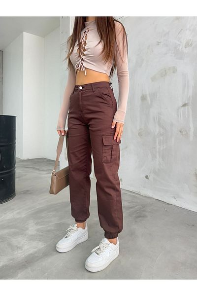 BİKELİFE Pantaloni maro din țesătură gabardină - cu buzunar cargo