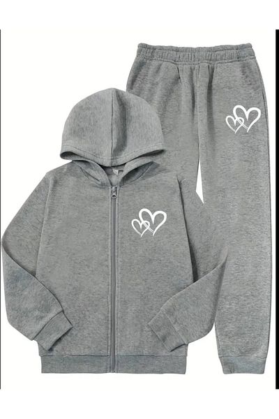 MORNİNG KİDS Gray Double Heart Printed Hooded Cardigan and Sweatpants Set - Girl