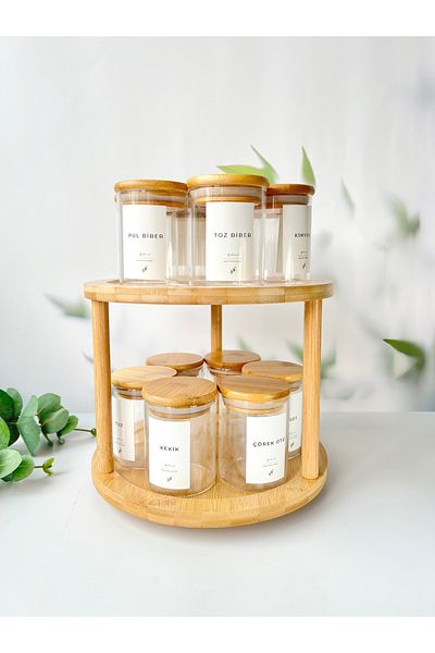 Mottogo 12-Piece Glass Spice Set with Bamboo Rotating Stand and Bamboo Vacuum Lid