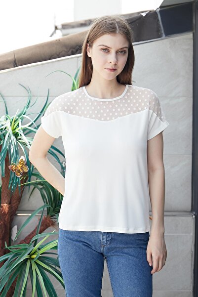 Jument Жіноча блуза з лікрами та крепом - деталі з тюлю, широкий комір, низьк...