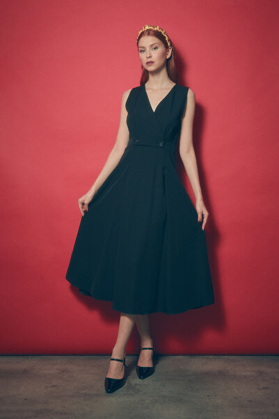 Fulla Moda Düğme Detaylı Kruvaze Yaka Elbise