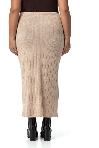 DISENTIS MODEST Large Size Elastic Waist Ribbed Knitwear Beige Skirt