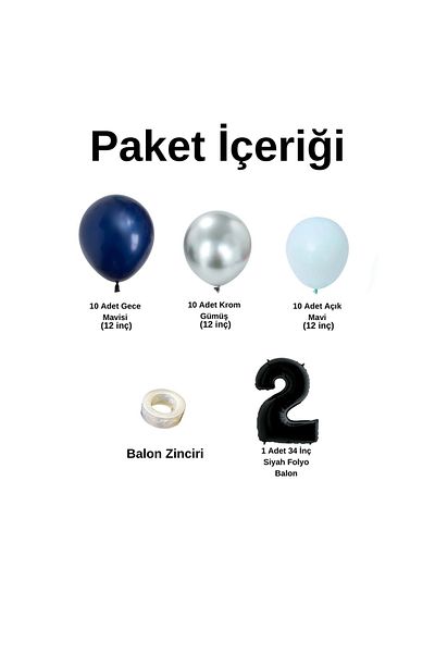 Organizasyon Pazarı 2 Year Old Birthday Set Midnight Blue-Chrome Silver-Light Blue 30 Pieces (Black)