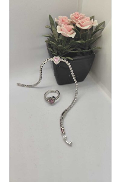 JUPİTER HOME Gümüş Pembe Pandora,am Kalp Bileklik Ve Yüzük Seti Su Yolu Bileklik Ciddi Ilişki Yüzügü Dogum Günü