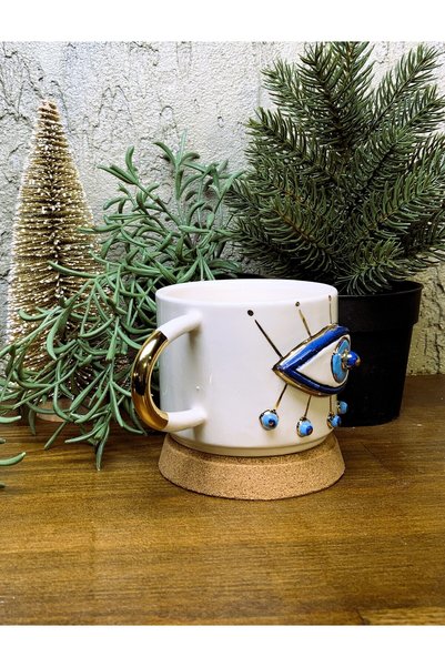 SeraSelin Handmade Gift Mug with 24 Carat Gold Embroidered Evil Eye Figure