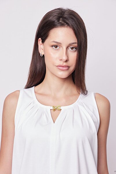 Jument Women's White T-shirt Blouse - Non-Wrinkle, Span Blended, Pleated Collar, Sleeveless with Accessories