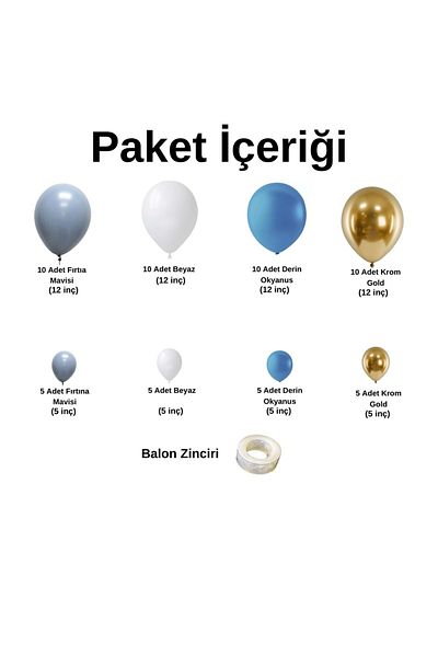 Organizasyon Pazarı 60 Pieces White-Storm Blue-Chrome Gold Balloon Chain Set - Deep Ocean
