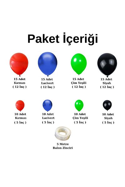 Organizasyon Pazarı Set of 100 Red-Navy Blue-Grass Green-Black Balloon Chains
